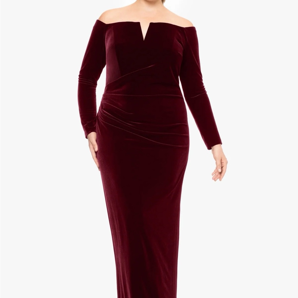 Formal maroon velvet dress. Off the shoulder with sleeves.